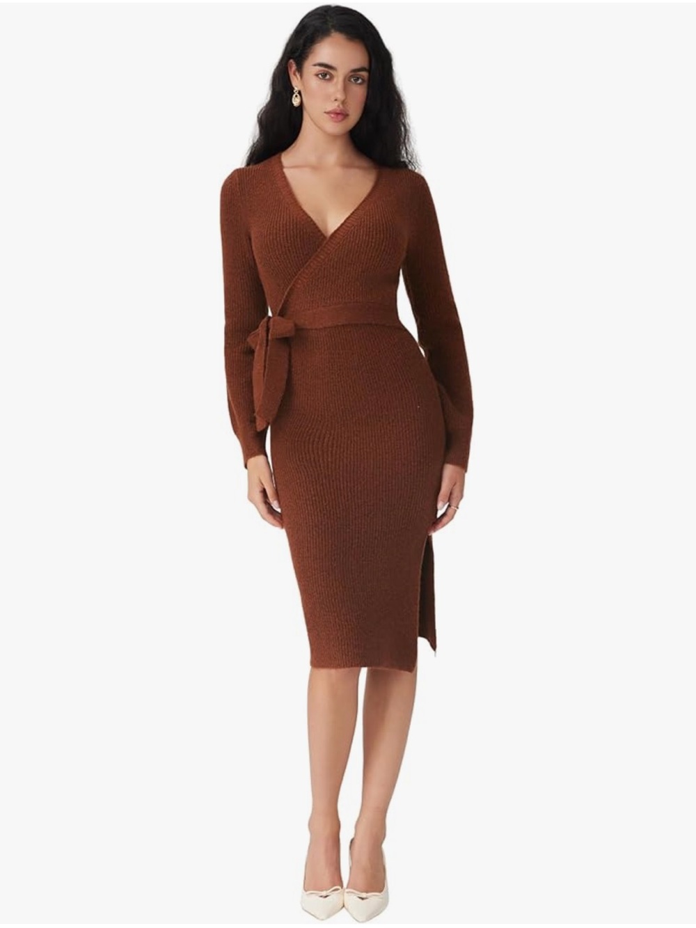 CIDER Women's Wrap Knit Dress Long Sleeve Tie Waist Midi Sweater Dress